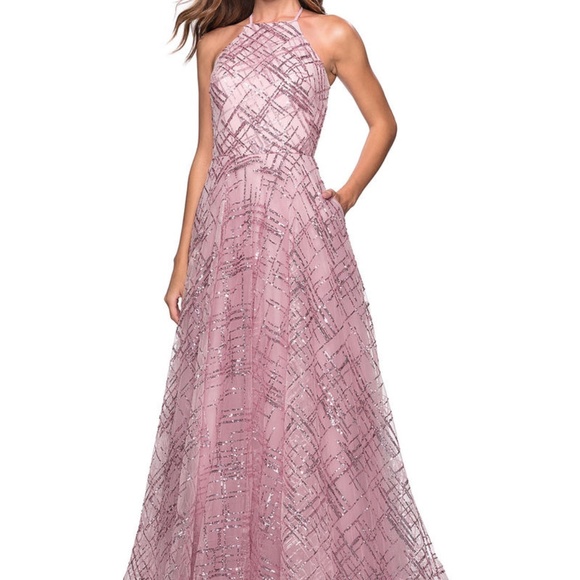 La Femme - 27532 Metallic Deep V-neck Pleated Ballgown